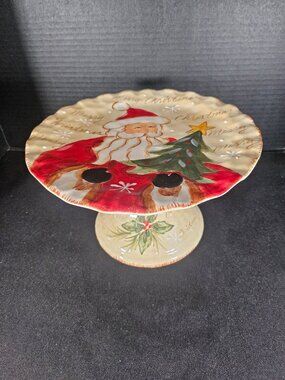 Vintage Maxcera Corporation Woodlands Santa Ceramic Pedestal Cake Stand 10" Tall